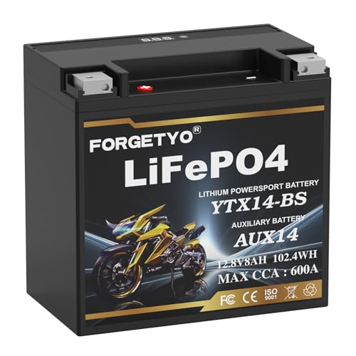 Image of Lithium Motorcycle Battery, Forgetyo YTX14-BS 12.8V 8AH 600A LiFePO4 AUX14 Auxiliary Batteries, ATV UTV Jet Ski Snowmobile Battery