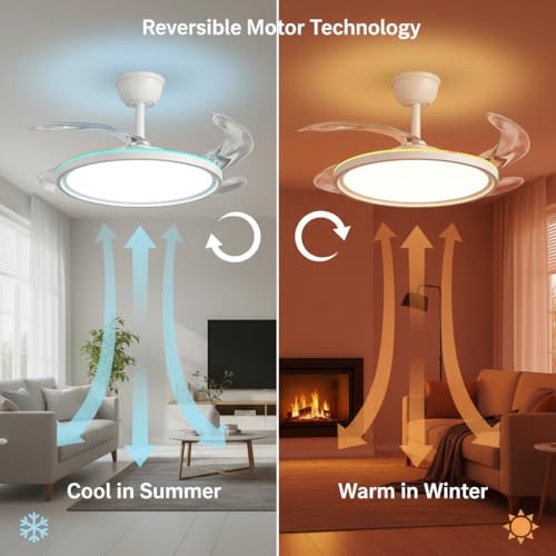 Image of oltao Zyro UltraSlim Retractable Ceiling Fan with RGB Ceiling Glow & 3-Color LED Panel Light, Summer /Winter Mode, Remote Control, 42 Inch Sweep (2026 Model)