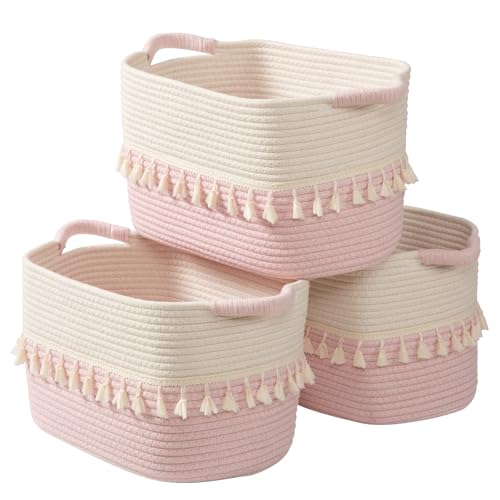 Image of TeoKJ Storage Baskets 3 Packs, Storage Basket for toys,Towel, Storage Bins, Woven Basket for Shelves Bedroom Laundry Nursery, White & Pink
