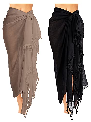 Sarong long batik Boao noir et kaki en taille L avec franges pour la plage