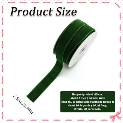 CABODYALS 2 Rolls 20M 25mm Dark Green Velvet Ribbon Vintage Soft Single Sided Crushed Velvet Fabric Luxurious Ribbons With Spool for Making Bows Gift Wrapping Wedding Invition Cake Decor Diy Craft - Image 2