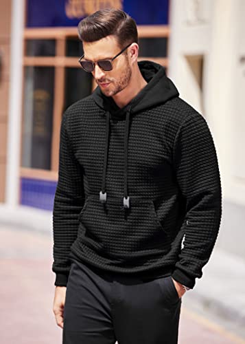 Coofandy Men's Hooded Sweatshirt Long Sleeve Fashion Gym Athletic Hoodies Solid Plaid Jacquard Pullover With Pocket Black Large #TOP1