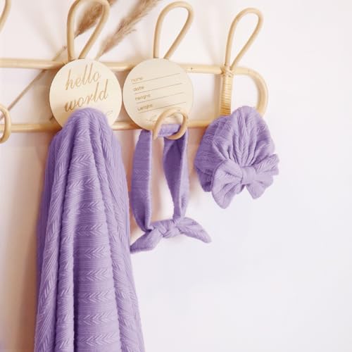 Golener Muslin Swaddle Blankets,Sleepea Swaddle with Bow Headbands, Hats Set and Newborn Name Announcement Card, Stretchy Baby Blankets for Girls and Boys Unisex, Perfect for Newborn Photos (Purple)