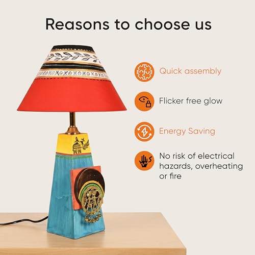 Image of AAKRITI ART CREATIONS MDF Board Table Lamp for Study Room, Bedroom & Living Room Decoration | Madhubani Elephant & Tribal Folk Art Bedside Lamp with Cotton Fabric Shade | Aesthetic Night Lamp