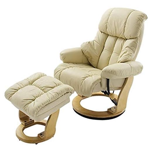 Robas Lund Relaxsessel Calgary mit Hocker, bis 130 kg belastbar, drehbarer Fernsehsessel mit Liegefunktion, Echtleder creme, Gestell Holz natur