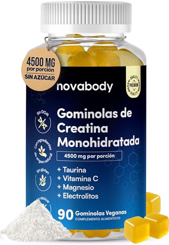 Gominolas de Creatina Monohidrato 4500 mg – Con Taurina, Magnesio y Vitamina C – Sin Azúcar y Veganas – Mejora la Fuerza, Energía, Recuperación y Rendimiento Muscular - 90 Gummies