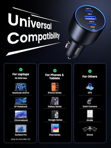 Image of UGREEN 130W USB C Car Charger with Cable, Type C Cigarette Lighter Adapter (Pack of 2)