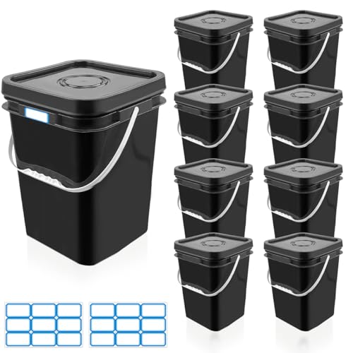 MXOYOXM 8 Pcs 5 Gallon Square Bucket with Lid,Black Plastic Square Bucket with Handle Heavy Duty Food Grade Buckets with Label Stickers for Paint Storage,Crafts