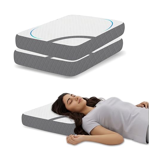 Image of Ergonomic Orthopedic Pillow Set of 2, 66x38x12 cm Shredded Memory Foam for Neck Relief, White /Grey Jacquard Case, Aligned Spine Bedding for Side and Back Sleeper, Supportive