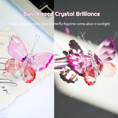 Image of Rose Red and Pink Crystal Butterfly with Ball Base Figurine Decor | Rose Red and Pink Crystal Butterfly Figurine with Ball Base Glass Animal Ornament for Home Office Desk Shelf Display
