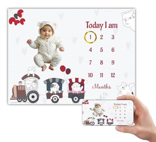 Image of Monthly Milestone Blanket Cartoon Train Design | 1-12 Months | Ultra-Soft & Skin-Friendly | Ideal for Newborn Girls | Perfect Baby Growth Tracker & Photoshoot Prop
