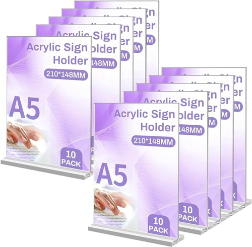 Sagreeny Soporte acrílico A5, paquete de 10 soportes transparentes en forma de T A5, póster acrílico A5, soporte de exhibición de doble cara para mesa, restaurante, hotel, documentos, oficina