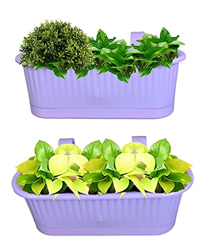mastBus Plastic Rectangle Hanging Plant Pots for Balcony Railing, Indoor/Outdoor, Colorful Gardening Containers (Purple, 15 inch, 2 Pieces)