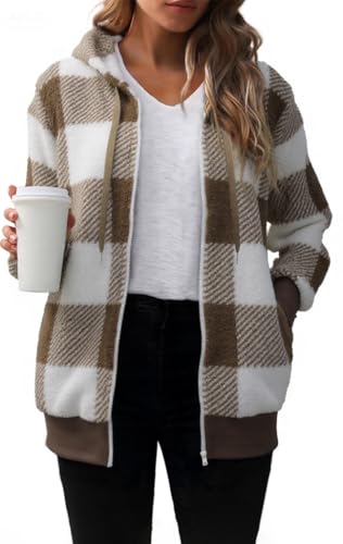 ROFUSSO Dam teddy fleece huvtröja jacka vinter varm rutig fleecejacka snygg dragkedja plyschjacka långärmad teddy kappa huvjacka med fickor, kaki, XXL