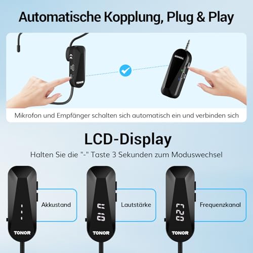 TONOR Wireless Mikrofon Headset, UHF Wiederaufladbares Drahtloses Mikrofon, 20 Kanäle mit 30m Kabelloser Übertragung, Für Fitness, Unterricht, Führungen, Sprachverstärker