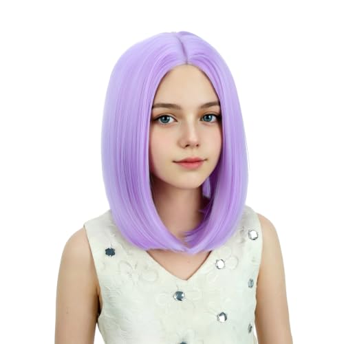 Image of Kids Purple Wig Girls Pale Purple Bob Wig Child Short Bob Wig Middle Part Wig for Kids Synthetic Wigs with Wig Cap