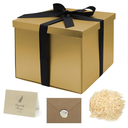 GOIYZTTR Caja de Regalo Con Tapa Oro 23 * 23 * 18cm Plegable Caja Regalo Profundo con Cinta, Viene con Tarjeta de Felicitación y Rafia para Embalaje de Regalo