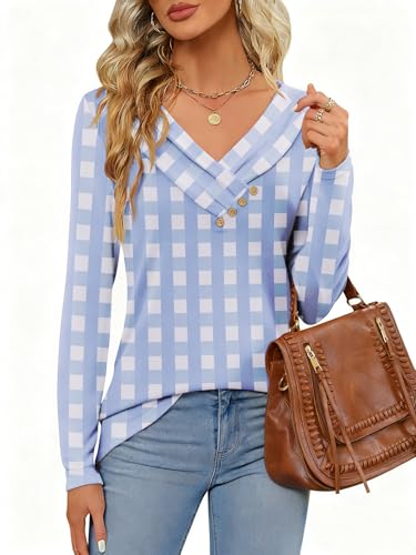 FMEYOA Women's Fall Long Sleeve Tunic Tops for Leggings Pleated V Neck Button Casual Blouse Graphic Printed Sweatshirt Blue Plaid — view 5