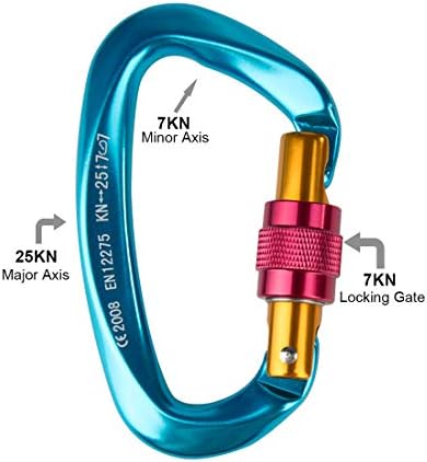 Tompig 2pcs Climbing Carabiners, Aluminum Locking Carabiner Clip D-Shaped 25KN Heavy Duty Carabiner Hook with Screwgate, CE Certified for Climbing, Rappelling, Hammocks, Dog Leash, Water Bottle