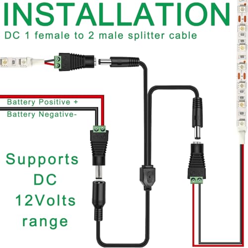 MKBKLLJY 3 szt. 12 V DC Power 1 żeński na 2 męski rozdzielacz zasilania 5,5 mm x 2,1 mm jack 1 w 2 wyjścia Y kabel 2-drożny adapter przewodu, do kamery bezpieczeństwa CCTV, taśmy LED, routera