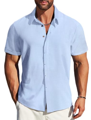 Image of MAPICK Mens Linen Shirts Short Sleeve Button Down Shirt Casual Untucked Fit