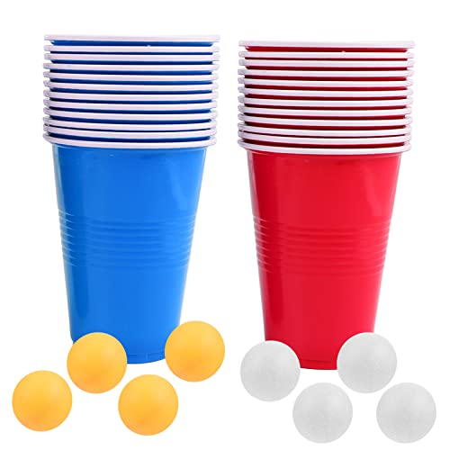 Abhpjuy Beer Pong - Juego de vasos de fiesta reutilizables, 50 rojos, 50 azules, 16 bolas, juego de fiesta para Navidad, cumpleaños, festivales, bodas