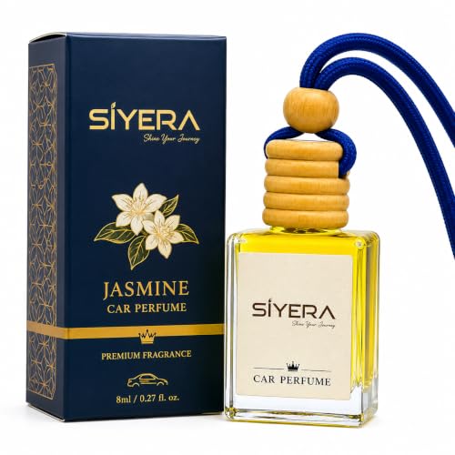 Image of SiYERA Hanging Car Perfume with natural Essential Oils | Car Air Freshener 10ml | Long-Lasting jasmine Aroma upto 45 days | Glass Bottle with Wooden Diffuser Lid