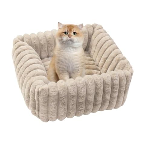 MERNEUO Cat Beds for Indoor 20 Inch, Rabbit Hair Surface Dog Bed for Small Dogs, Washable-Square Pet Bed for Puppy and Kitten, with Slip-Resistant Bottom-White Cover
