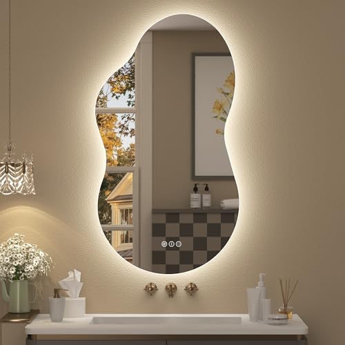 Image of 20x36 Inch Irregular Backlit Led Lighted Vanity Mirror | Asymmetrical Bathroom Mirror with Light, Cloud Shape, Fogless, Dimmable, Memory, 3 Colors, Shatterproof (Horizontal /Vertical)
