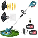 Decespugliatore a Batteria 21V, Tagliabordi Elettrico con 2 Batterie 4.0Ah, Testa Regolabile 90°, 20 Filo da Taglio,4 Lame in Plastica, Tagliaerba a Batteria per Giardino