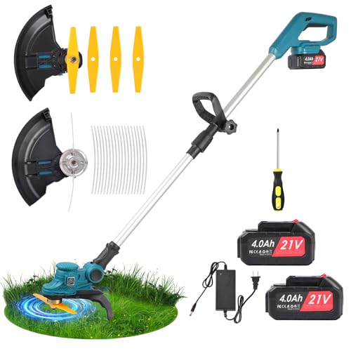 Debroussailleuse Electrique sans Fil 21V: Coupe Bordure sans Fil avec Batterie 2 * 3.0AH, 3000 TR/Min, 2 Types Lames avec poignée...