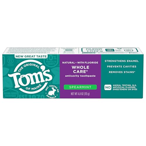 Tom's of Maine Whole Care Natural Toothpaste with Fluoride, Spearmint, 4 Ounce (Pack of 3), (Packaging May Vary)