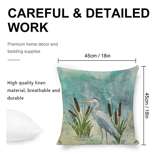 Gardenzone Linen Square Pillow Covers Watercolor Blue Heron 18 X 18 Decorative Cushion Cover Pillowcase For Couch #TOP1