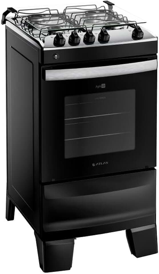 Fogão 4 Bocas Preto com Mesa Inox Atlas Agile Up Bivolt