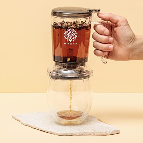 Tree of Tea Tea Maker Set mit Bio-Tee von mymuesli - Teekocher für losen Tee (450ml) mit Teeglas (400ml) & Peachy June Früchtetee (120g) - Geschenk Set mit Teefilter zum mehrfachen Aufbrühen von Tea