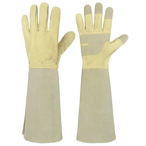 HANDLANDY Rose Pruning Gardening Gloves for Men Women, Thorn Proof Forearm Protection Leather Garden Gloves, Gardening Gifts for Gardeners (Vanilla, L
