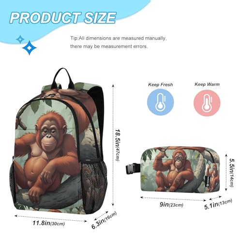 Travel Backpack Lunch Bag Set for Hiking Picnic, Backpacks with Insulated Lunch Box Monkey Sitting Tree Print2