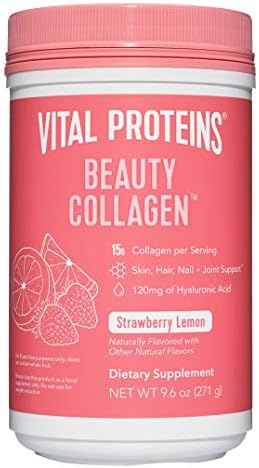 Vital Proteins Beauty Collagen Peptides Powder Supplement for Women, 120mg of Hyaluronic Acid - 15g of Collagen Per Serving - Enhance Skin Elasticity and Hydration - Strawberry Lemon - 9.6oz Canister