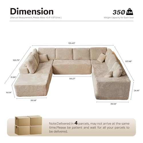 ovios Sectional Cloud Couch for Living Room, Modular Floor Sofa with Plush Corduroy, No Assembly Required, Big Comfy Couches Set with Fluffy Memory Foam, Stupendous U Shaped Sofas with Chaise, Beige