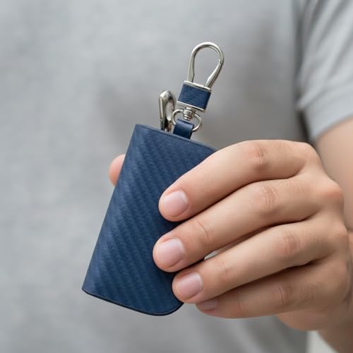 Image of KMH Premium Carbon Fiber Blue Car Key Wallet Bag | Smart Keychain Holder with Metal Hook Keyring Zipper Bag | Wallet for Key Cover Shell Case Pouch Holder, Key Zipper Fob Protector - Pack of 1