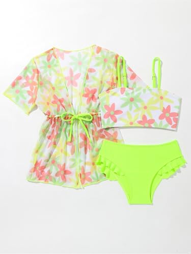 Hansber Kids Girls 3-Piece Bikini-Style Bathing Suit Swimsuit Swim Tops and Bottom with Cover Up Outerwear Set2