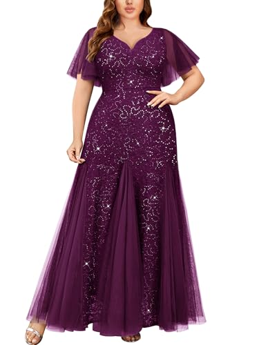 MISSMAY Women's Plus Size Sequins Lace Tulle Sweetheart Neck Ruffle Sleeves Formal Evening Party Maxi Dress (0XL, Maroon)