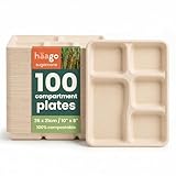 HAAGO 100 Strong Biodegradable Compartment Plates 26x21cm – 5 Section Sugarcane Bagasse Trays - Heavy Duty, Grease- & Leak-Proof - Compostable Paper Plates for Hot & Cold Food, Party & Catering