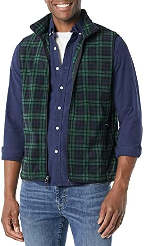 Amazon Essentials Men's Full-Zip Polar Fleece Vest (Available in Big & Tall), Navy/Green, Plaid, X-Large