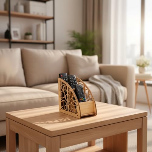 Image of Wooden Remote Holder for Table - 3 Slot Remote Organizer Caddy TV Remote Control Storage Stand for Living Room, Coffee Table & Office Desk Size 7 x 5 x 2.5 Inches