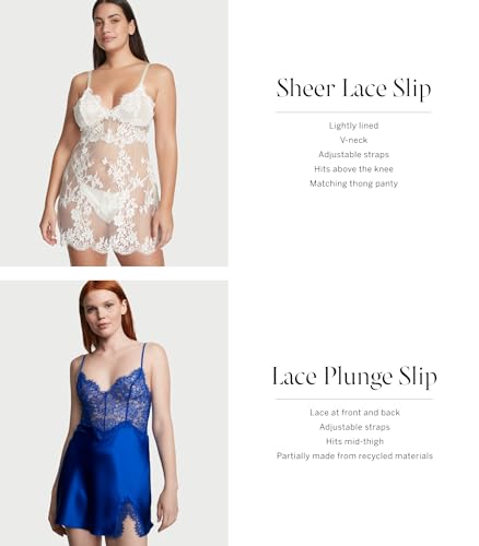 Victoria's Secret Sheer Lace Slip & Thong Panty Set, Spaghetti Strap Dress, Nightwear, Women's Sleepwear, White (L)4