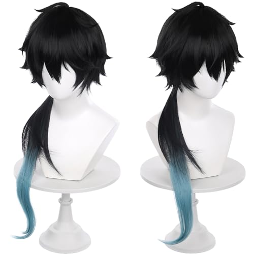 Image of Anime Black Blue Gradient Wig with Bangs Men Long Straight Wig with Ponytail for Women Game Dragon Permansor Cosplay Wig Halloween,Christmas,Comic con,Game Show,Party