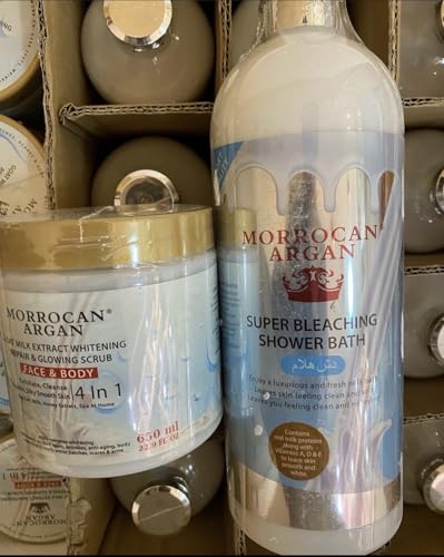 Moroccan Argan Super Bleaching Shower Gel 1000ml + Goat Milk Extract 4-in-1 Scrub 650g - 2pcs Set
