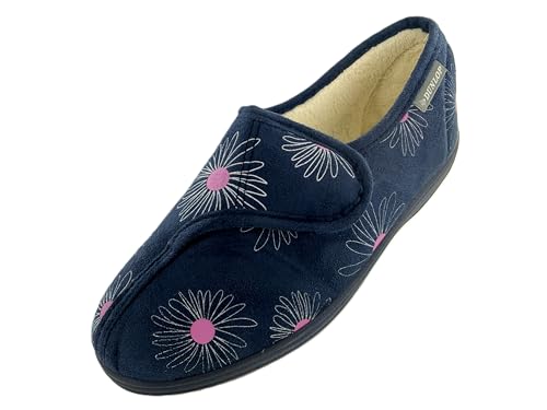 DUNLOP Ladies Daisy Print Memory Foam Slippers - Navy - UK 4 (EUR 37)