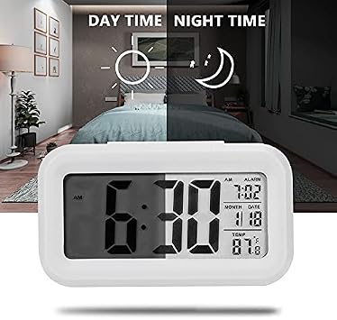 Digital Alarm Clock with LCD Display, Desk Smart Electronic Small Clock with Indoor Temperature, Date, Light Sensor, Backlight, Battery Operated, for Home Bedroom Kids Office (White)